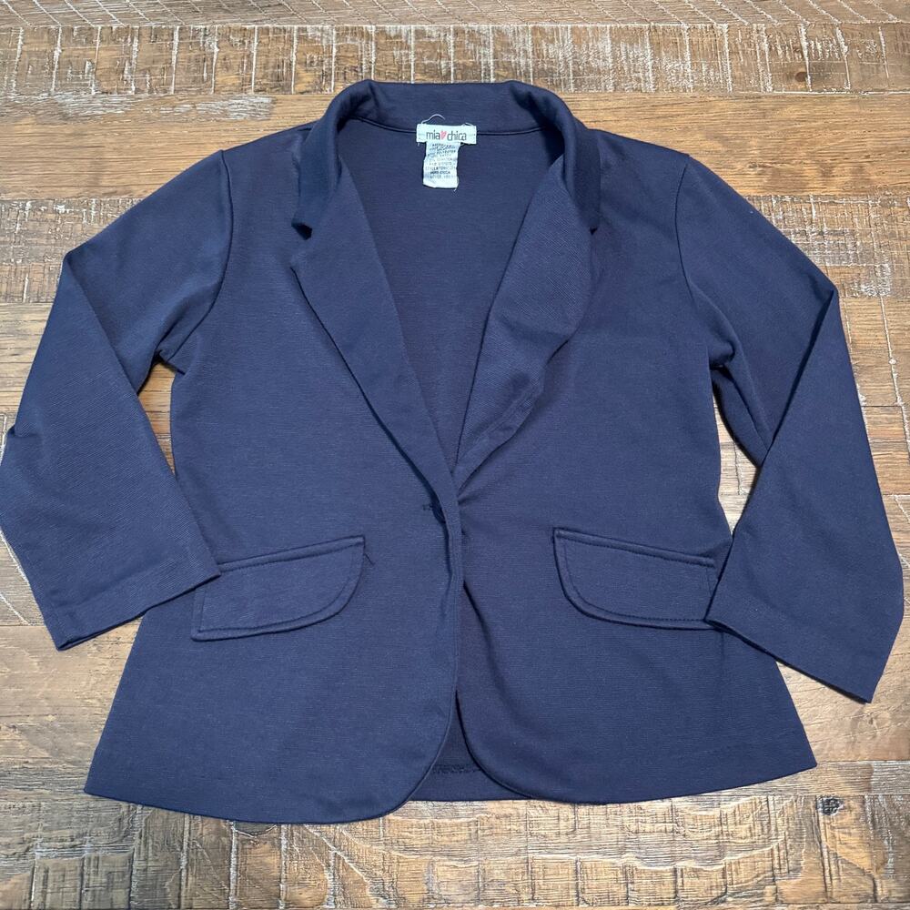 Mia Chica Girls Size M 10/12 Navy Blue Knit Blazer Single Button Stretch Jacket